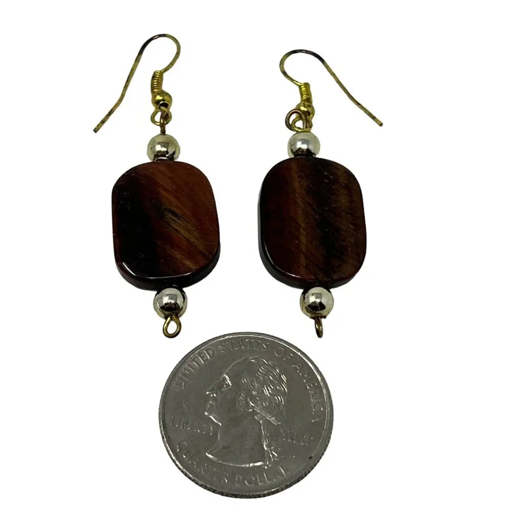 Faux Tiger Eye Drop Earrings Gold Tone‎ Wire Pierced 2 inches